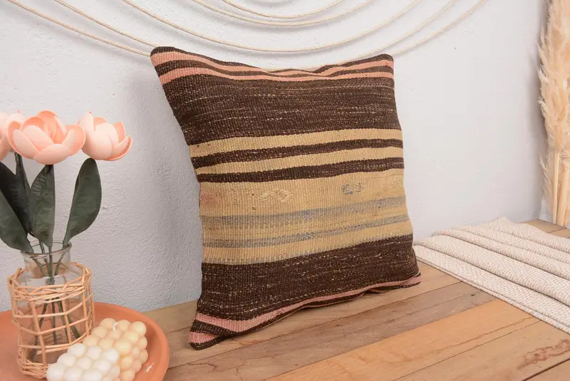 Antique Pillows, Lounge Throw Cushion Cover, Throw Kilim Pillow, Vintage Pillow Case, 18x18 Brown Cushion Cover, Kilim Cushion Sham, Pillow Case - 1