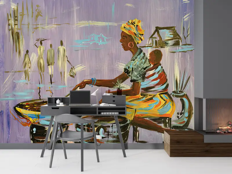 Sonderanfertigung, afrikanische Mutterkochen, helles Handpapier, afrikanische Frau Kochen Wandkunst, 3D -Tapepapier, afrikanische Frau Wandkunst, - 4