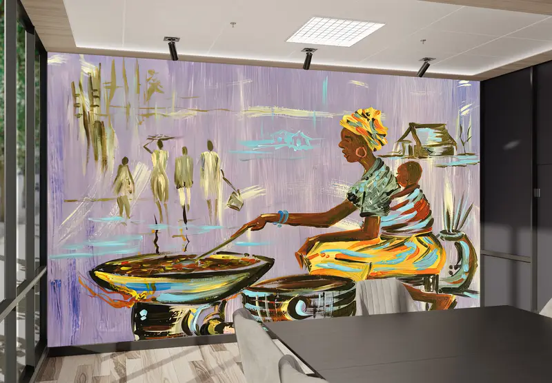 Sonderanfertigung, afrikanische Mutterkochen, helles Handpapier, afrikanische Frau Kochen Wandkunst, 3D -Tapepapier, afrikanische Frau Wandkunst, - 7