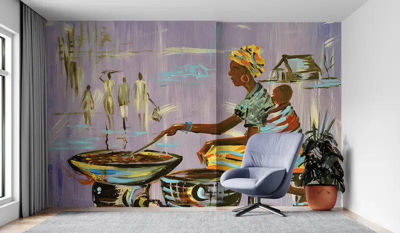 Sonderanfertigung, afrikanische Mutterkochen, helles Handpapier, afrikanische Frau Kochen Wandkunst, 3D -Tapepapier, afrikanische Frau Wandkunst, - 3