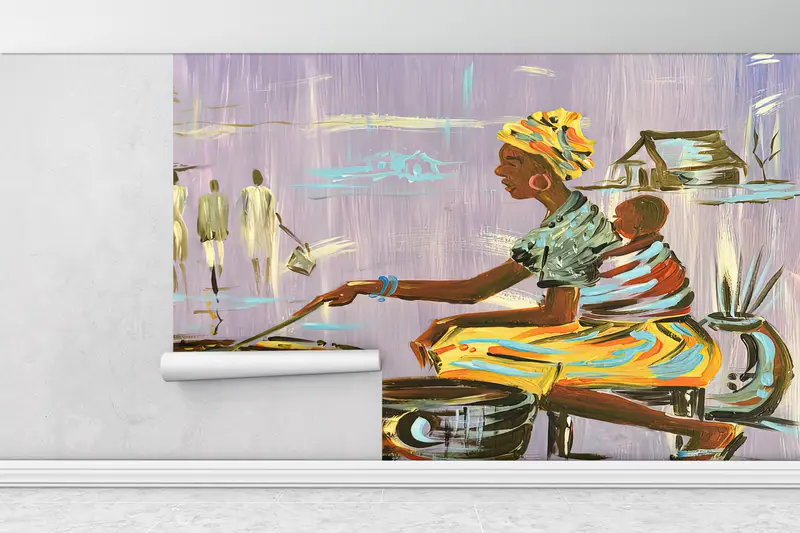 Sonderanfertigung, afrikanische Mutterkochen, helles Handpapier, afrikanische Frau Kochen Wandkunst, 3D -Tapepapier, afrikanische Frau Wandkunst, - 1