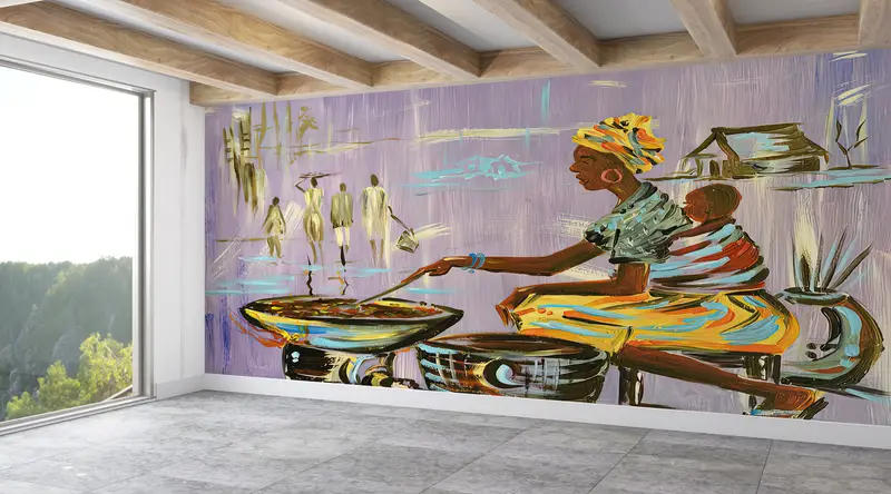 Sonderanfertigung, afrikanische Mutterkochen, helles Handpapier, afrikanische Frau Kochen Wandkunst, 3D -Tapepapier, afrikanische Frau Wandkunst, - 5