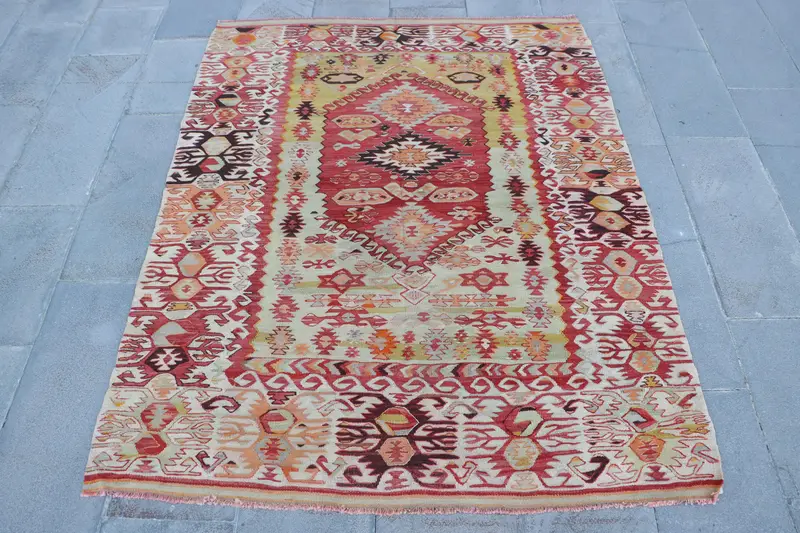 Red, Beige Abstract Rug, 4.8x6.1 ft Chic Decor