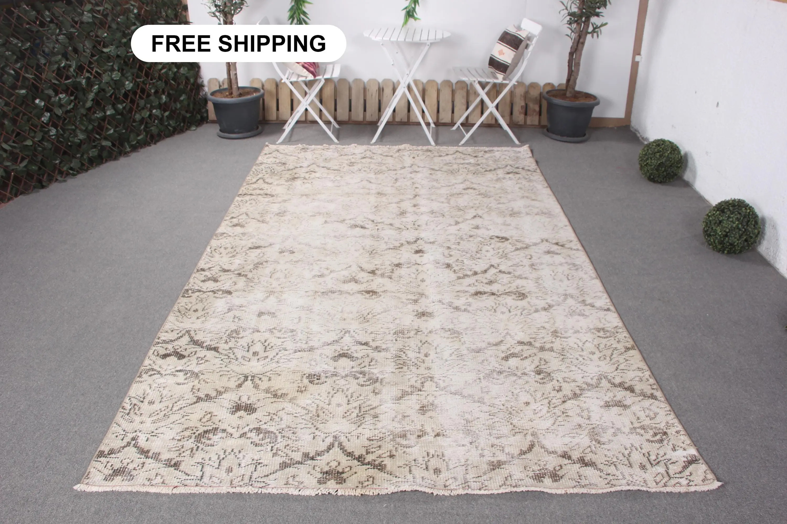 Vintage 5.9x9.8 ft Halı, Türk Halısı, Beyaz Yün Halı - 1