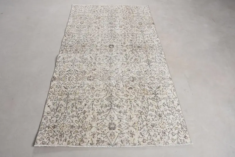 Vintage Rug, Area 3.8x7 ft Turkish Rug, White Brown Patchwork Wool Rug - 1
