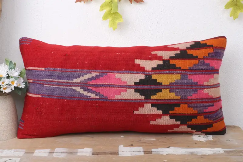 Vintage Pillow, Cushion Cover, Decorative Bolster Cushion Case, Ethnical Kilim Rug Pillow, 12x24 Red Pillow Sham, Pillow for Sofa - 2