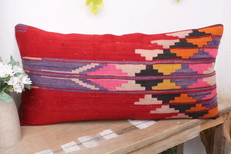 Vintage Pillow, Cushion Cover, Decorative Bolster Cushion Case, Ethnical Kilim Rug Pillow, 12x24 Red Pillow Sham, Pillow for Sofa - 4