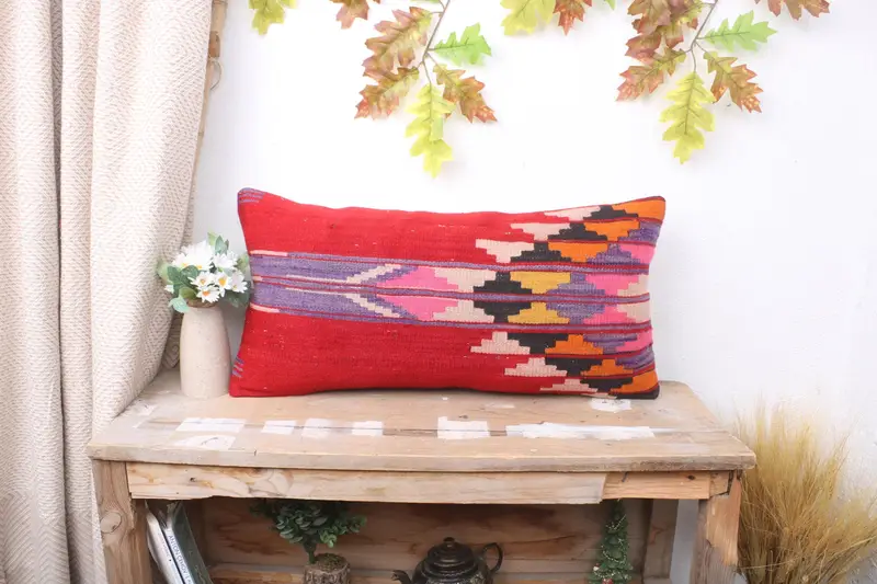 Vintage Pillow, Cushion Cover, Decorative Bolster Cushion Case, Ethnical Kilim Rug Pillow, 12x24 Red Pillow Sham, Pillow for Sofa - 1