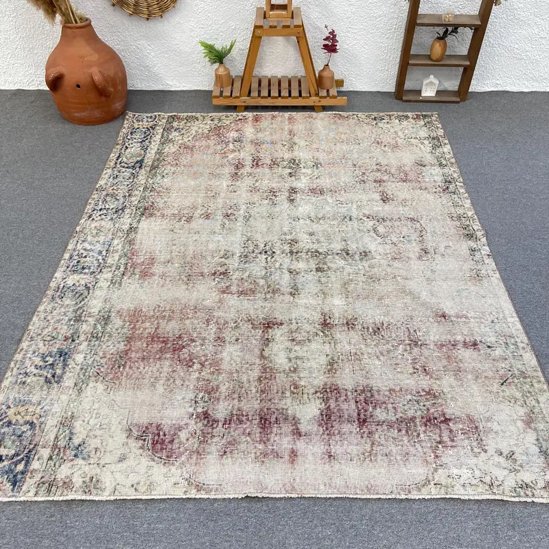 Alfombra Marroquí Roja, 5,9x7,3ft con Detalles Verdes