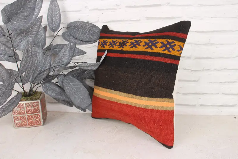 16x16 Red Pillow Sham, Kilim Pillow, Decorative Throw Cushion Case, Knitted Cushion, Cushion Case, Kilim Cushion Sham, Turkish Pillow - 4