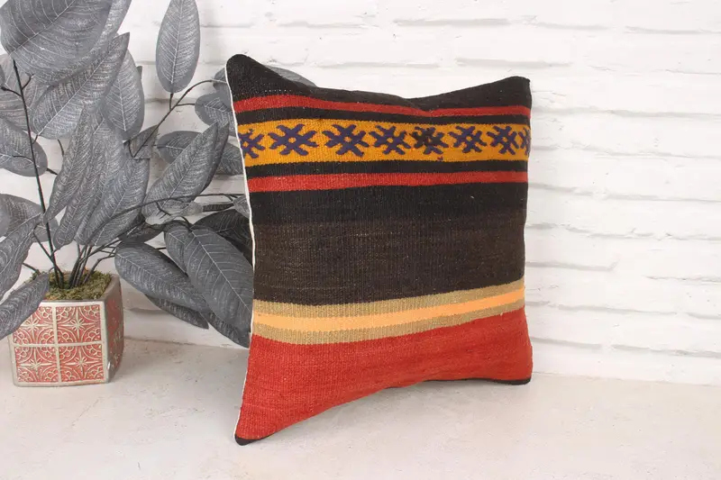 16x16 Red Pillow Sham, Kilim Pillow, Decorative Throw Cushion Case, Knitted Cushion, Cushion Case, Kilim Cushion Sham, Turkish Pillow - 3