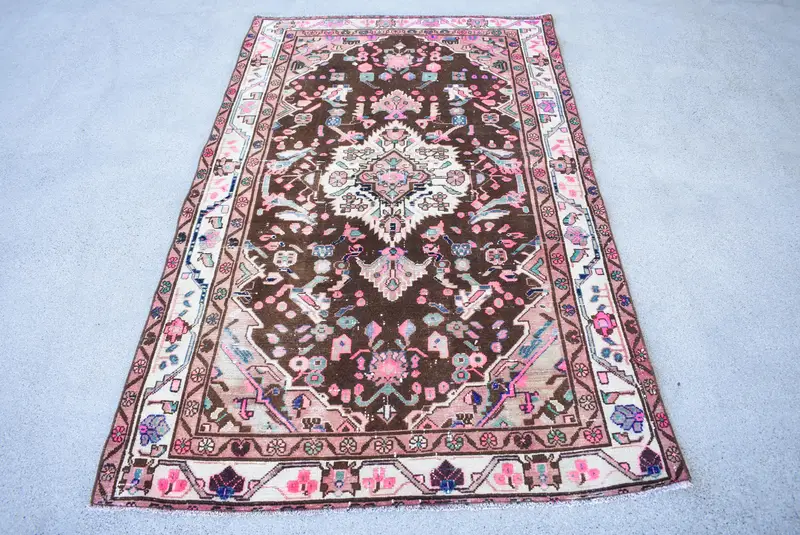 3.8x6.2 ft Türk Vurgulu Halı, Kahverengi Pembe Vintage Kamuflaj Yün Halı - 1