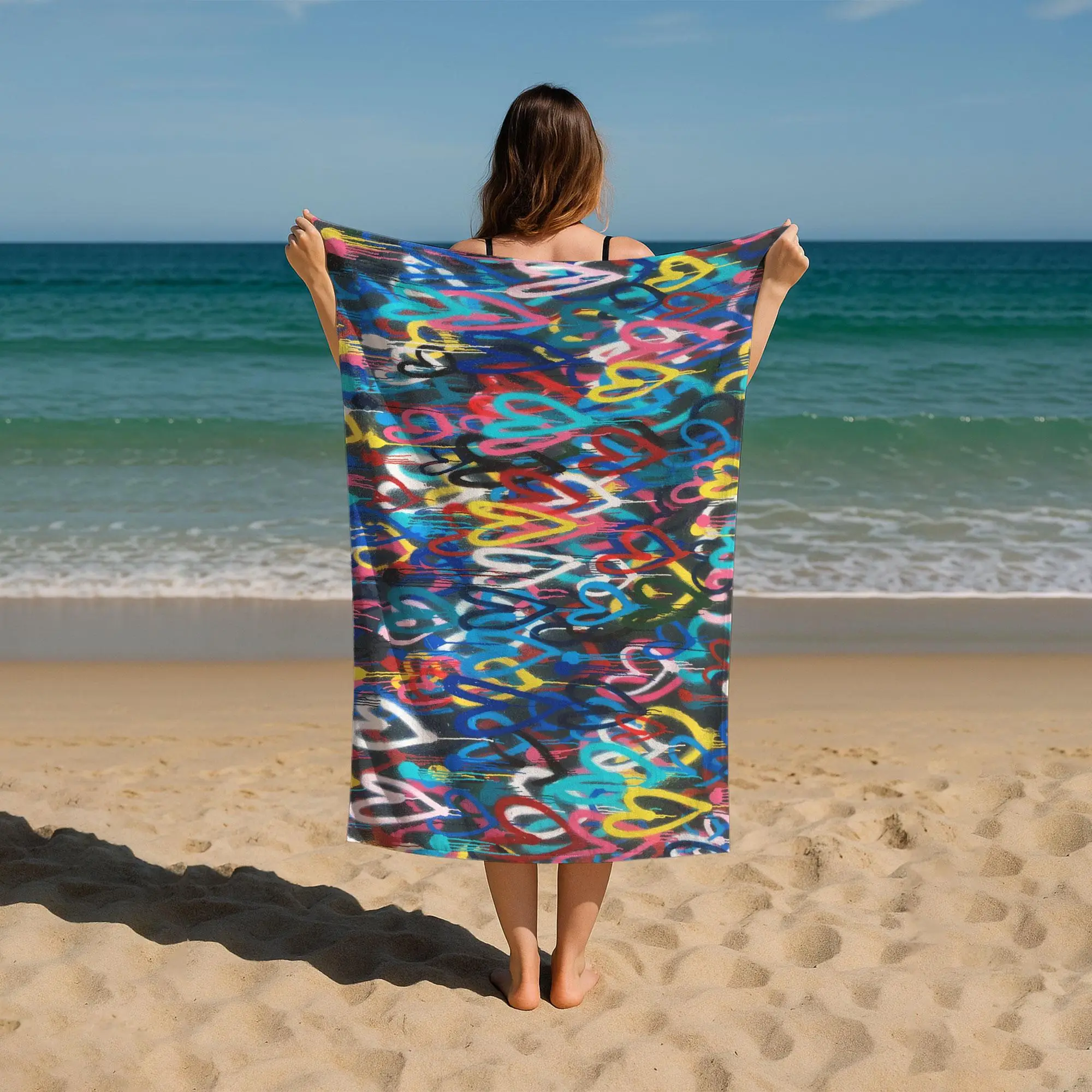 Banksy Love Hearts Pattern Printed Towel Blue, Organic Cotton, 28x53 Inches - 1