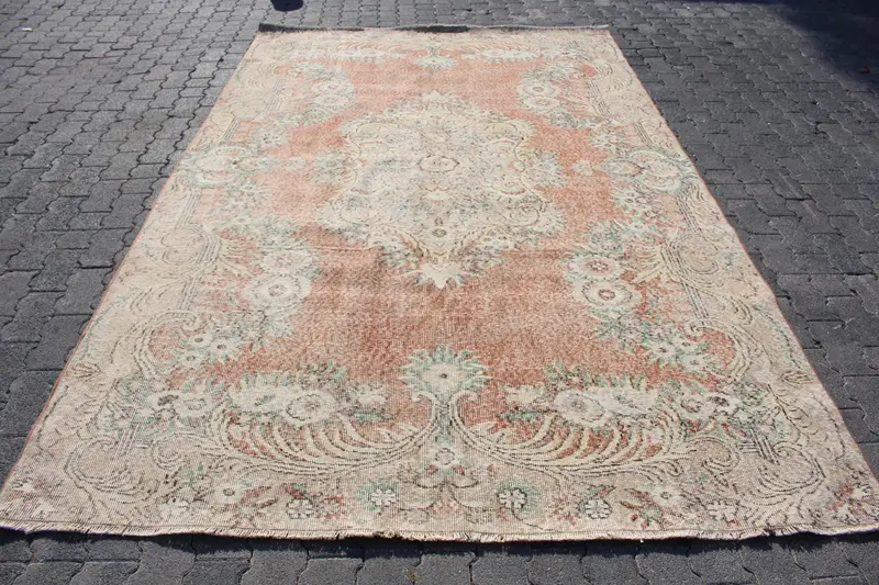 Vintage Turkish Oushak Large Rug 6.3x9.9 ft, Brown Floral Rug Wool - 1
