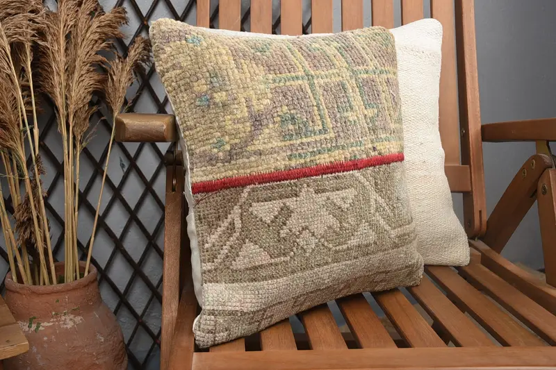 Boho Pillow, 14x14 Beige Pillow Cover, Seat Cushion, Anatolian Pillow, Pillow Sham, Gift Pillow, Yoga Pillow Case, Antique Pillows - 2