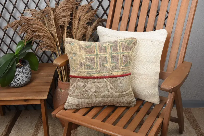 Boho Pillow, 14x14 Beige Pillow Cover, Seat Cushion, Anatolian Pillow, Pillow Sham, Gift Pillow, Yoga Pillow Case, Antique Pillows - 1