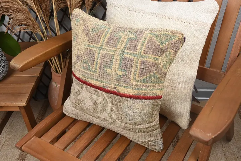 Boho Pillow, 14x14 Beige Pillow Cover, Seat Cushion, Anatolian Pillow, Pillow Sham, Gift Pillow, Yoga Pillow Case, Antique Pillows - 5