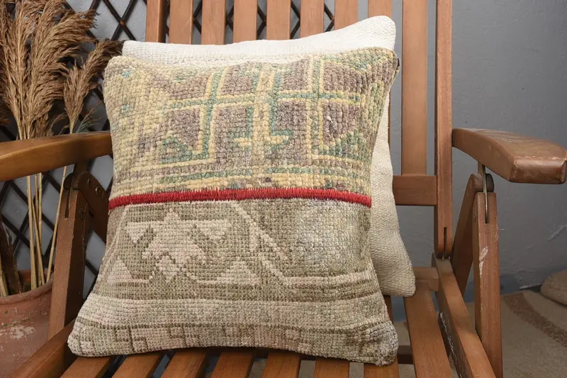Boho Pillow, 14x14 Beige Pillow Cover, Seat Cushion, Anatolian Pillow, Pillow Sham, Gift Pillow, Yoga Pillow Case, Antique Pillows - 3