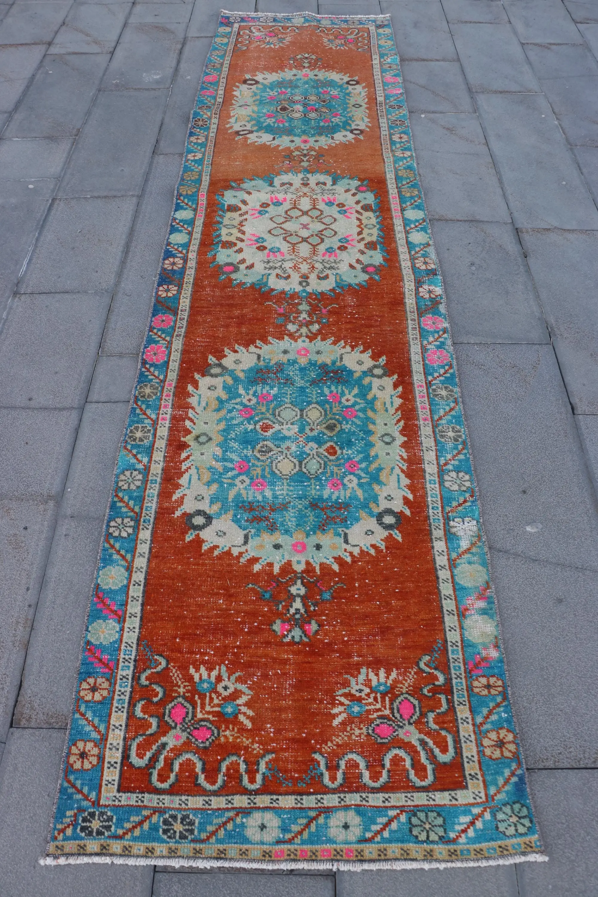 Rug, 2.7x11.4 ft Turkish Rug, Brown Polka dot Rug Wool - 1