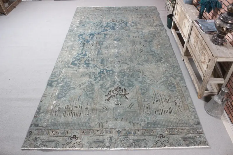 Vintage Büyük Halı, 5.9x11.2 ft Türk Halısı, Mavi Oushak Yün Halı - 1