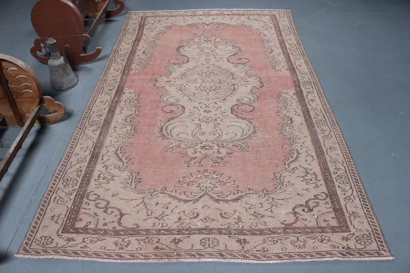 5.3x9.1 ft Halı, Vintage Türk Halısı, Oushak Kırmızı Çiçekli Halı - 1