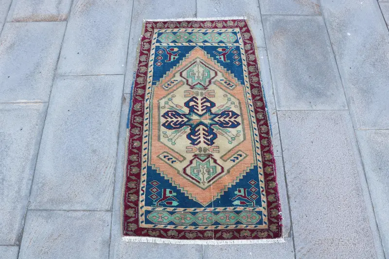Turkish Vintage Rug 1.8x3.2 ft, Oushak Blue Southwestern Wool Rug - 1