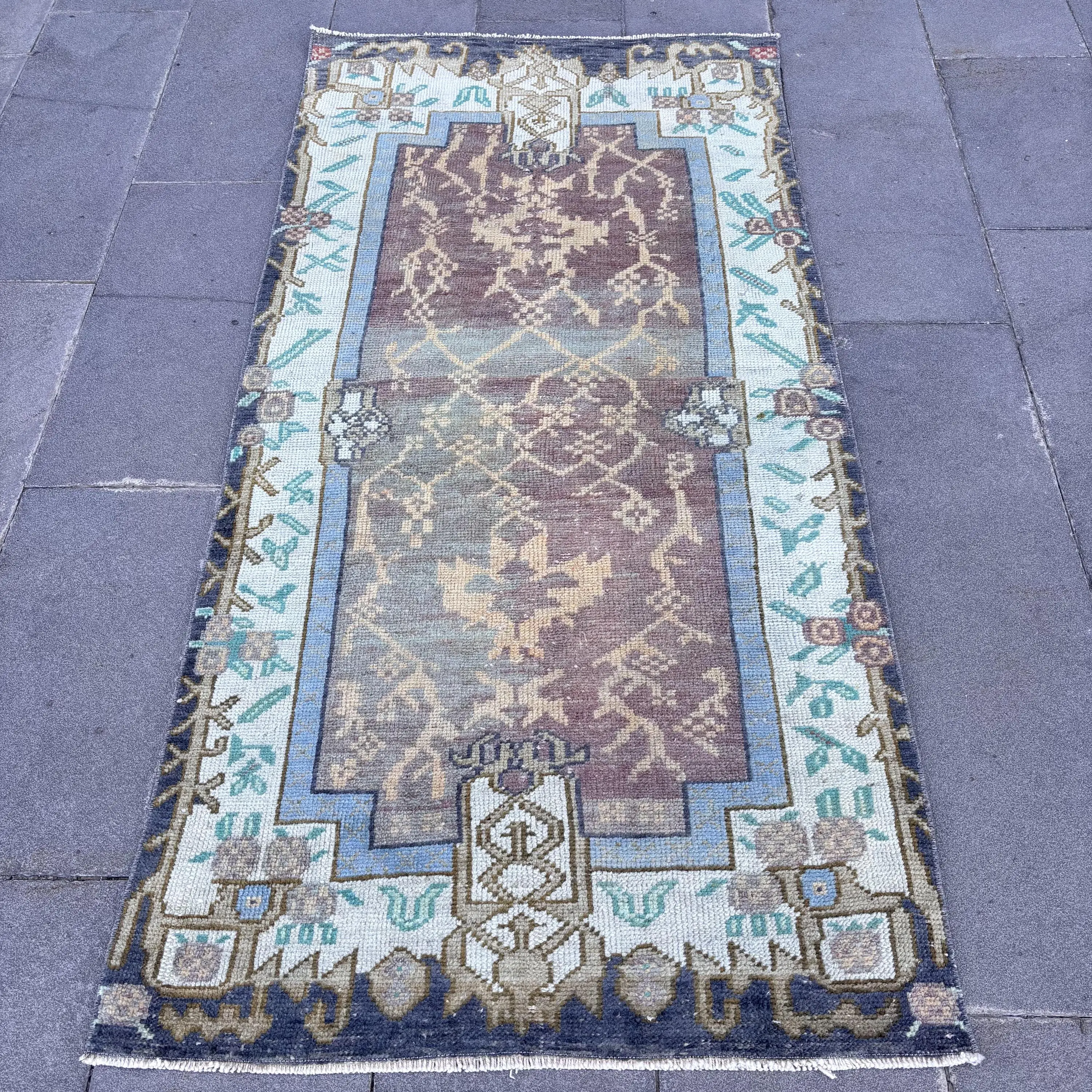 Vintage Halı, 3.1x6.2 ft Accent Halı, Mavi Kahverengi Yün Halı - 1