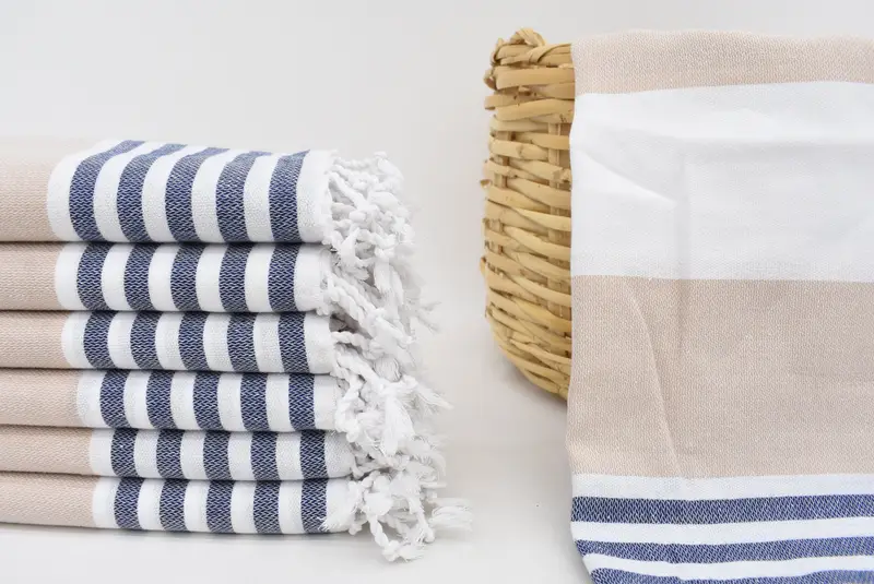 Navy Blue-Beige Striped Hand Towel, Turkish Tea Towel, 40x24 Inches