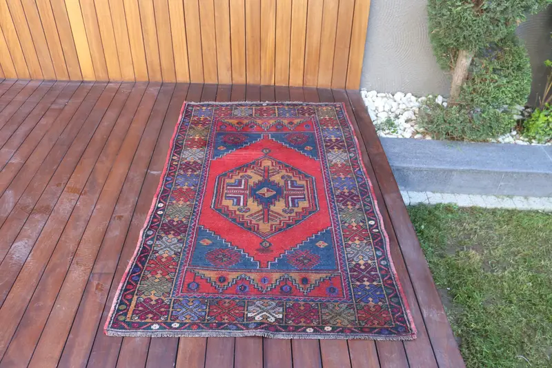 3.4x5.4 ft Turkish Accent Rug, Vintage Red Floral Rug - 1