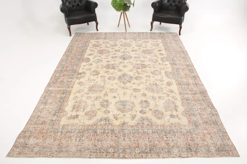 7,9 x 11,1 Fuß türkischer Oushak-Teppich, blaue Pflanzen und Bäume, Vintage-Teppich aus Wolle - 1