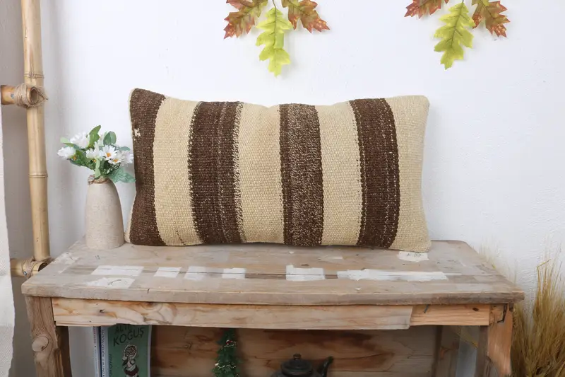 Kilim Pillow Cover, Throw Kilim Pillow, Boho Pillow, 12x24 Beige Cushion, Pillow Sham, Living Room Throw Pillow Sham, Square Throw Cushion Cover - 1