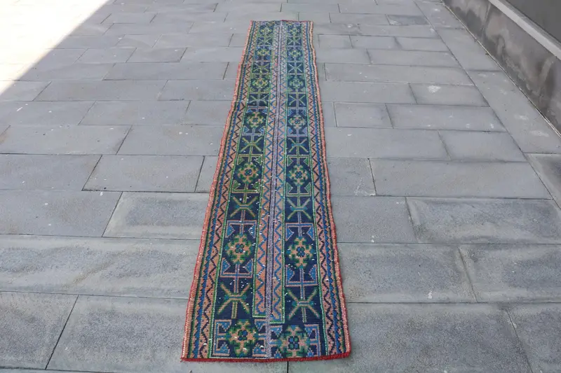 Vintage Runner Rug, 1.8x10.7 ft Turkish Rug, Blue Oushak Wool Rug - 1