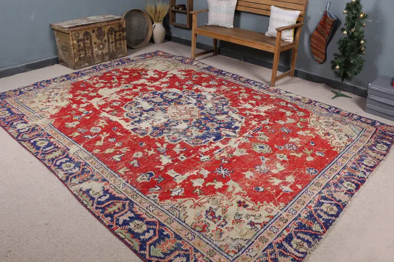 Roter und blauer Ikat-Teppich, 8 x 10 Fuß, elegantes Dekor