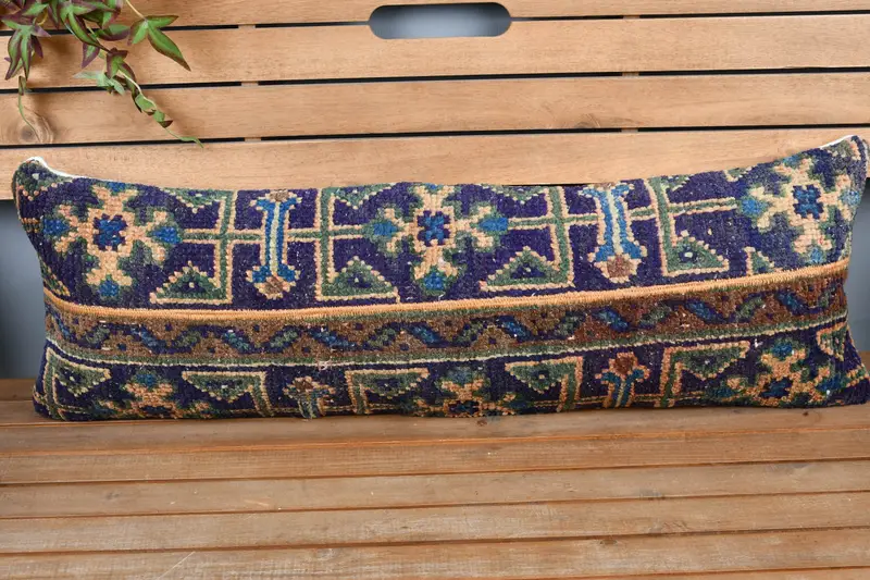 Oriental Cushion Case, Pillow for Sofa, Living Room Throw Pillow Case, 12x36 Blue Cushion, Vintage Kilim Throw Pillow, Throw Kilim Pillow, Cushion - 6