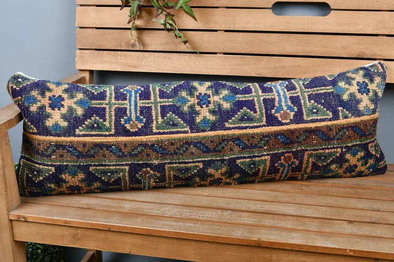 Oriental Cushion Case, Pillow for Sofa, Living Room Throw Pillow Case, 12x36 Blue Cushion, Vintage Kilim Throw Pillow, Throw Kilim Pillow, Cushion - 1