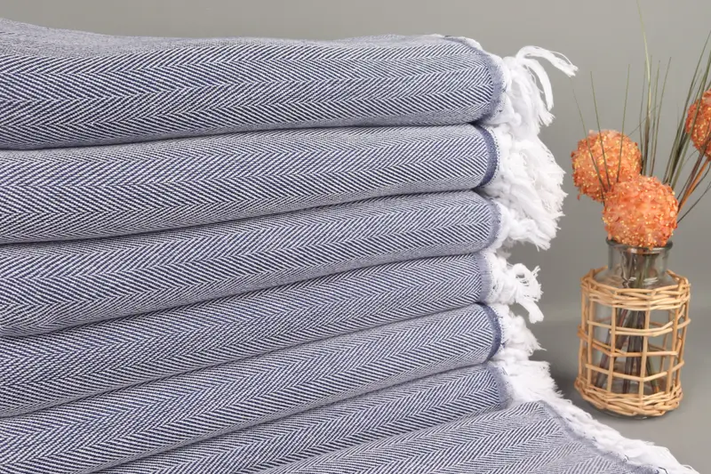 Organic Cotton Beach Towel Navy Herringbone 40x67 Inches