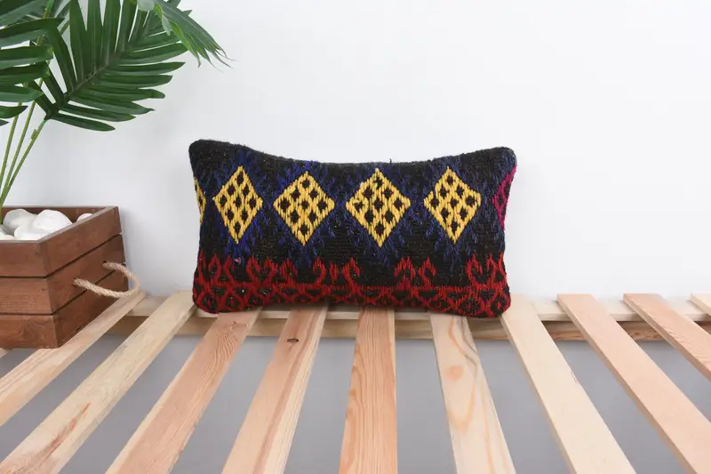 Kilim Cushion Sham, Ethnical Kilim Rug Pillow, Bright Pillow Case, Pillow Cover, 8x16 Yellow Pillow Case, One Of A Kind Pillow Sham, Antique Pillows - 1