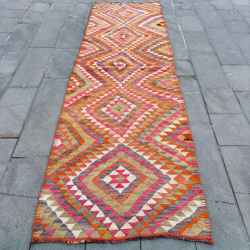 オレンジ&パープルチェックラグ、3.3x11.3フィートシックな装飾