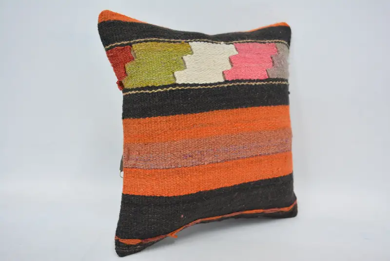 Orange & Black Embroidered Geometric Pillow, 12x12 Inch Decorative Pillow - 3