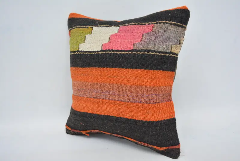 Orange & Black Embroidered Geometric Pillow, 12x12 Inch Decorative Pillow - 4