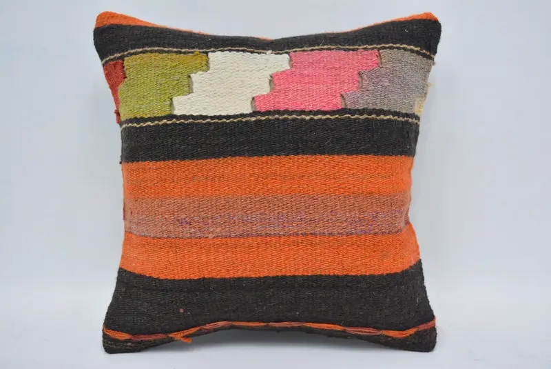 Orange & Black Embroidered Geometric Pillow, 12x12 Inch Decorative Pillow - 1