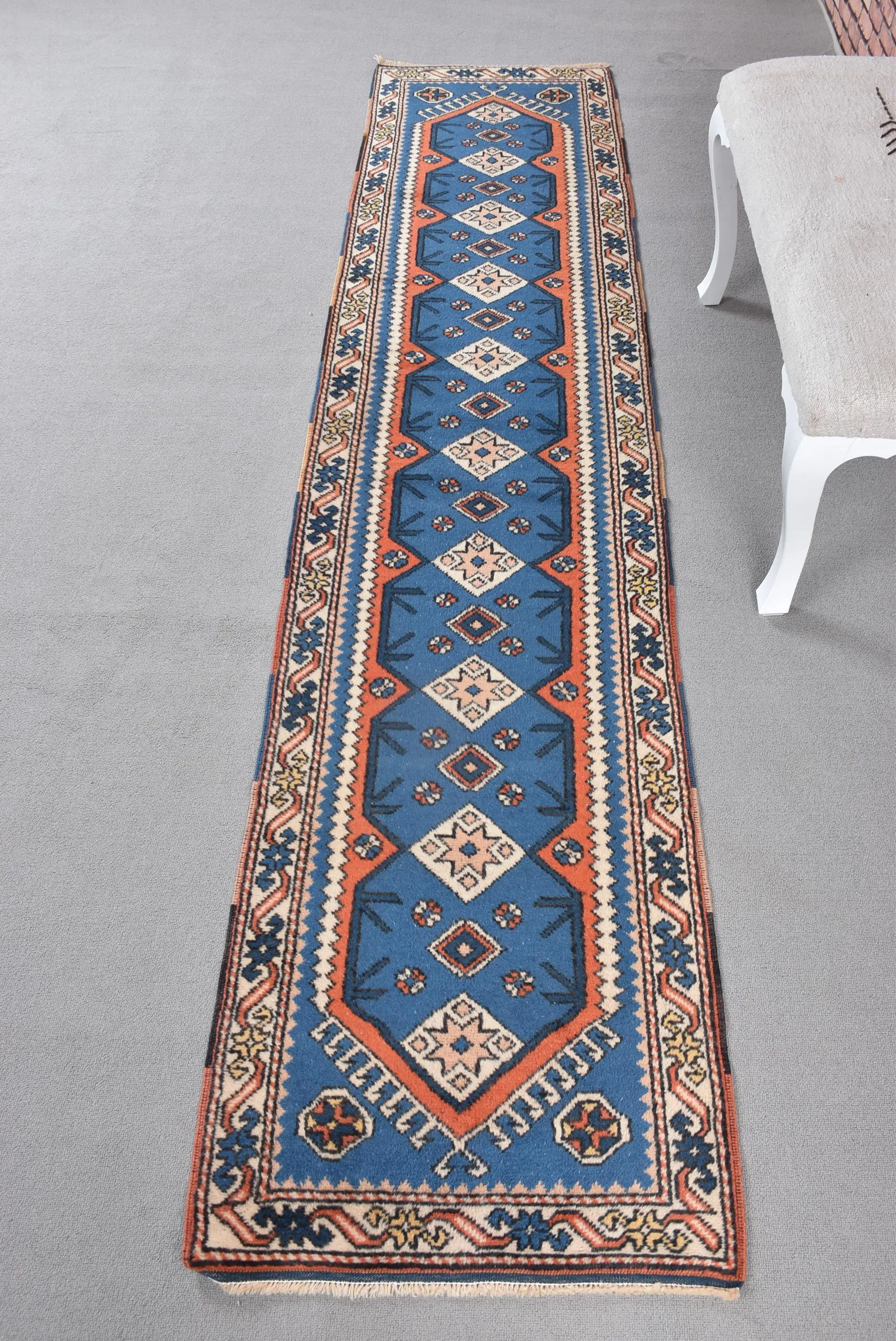 Turkish 2.1x9.3 ft Rug, Runner Vintage Rug, Blue Polka dot Wool Rug - 1
