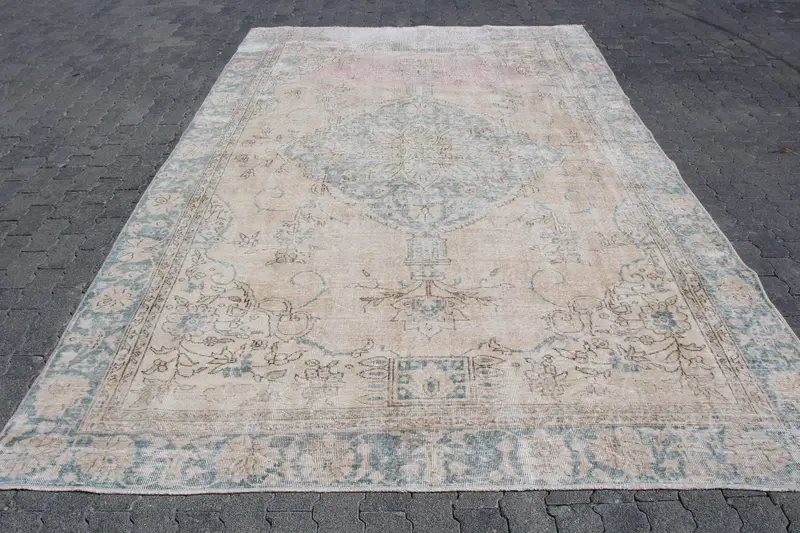 7.6x11.5 ft Vintage Rug, Oversize Turkish Rug, Blue Animal Print Rug - 1