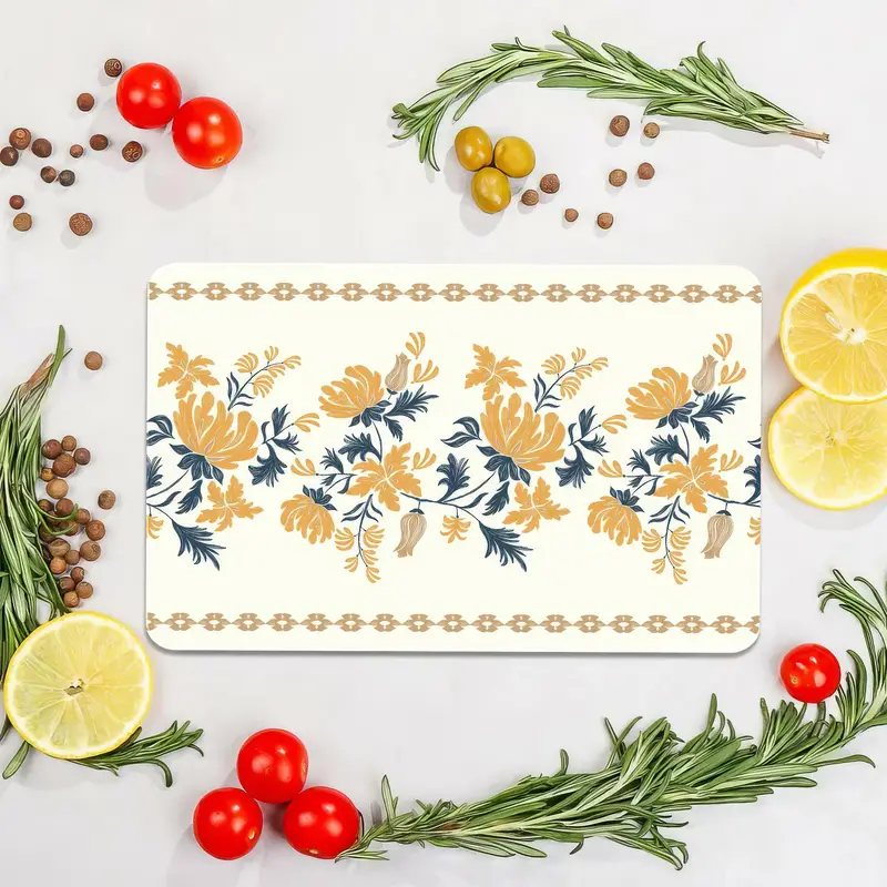 Boho Floral Cam Kesme Tahtası, Mavi ve Sarı Desenli