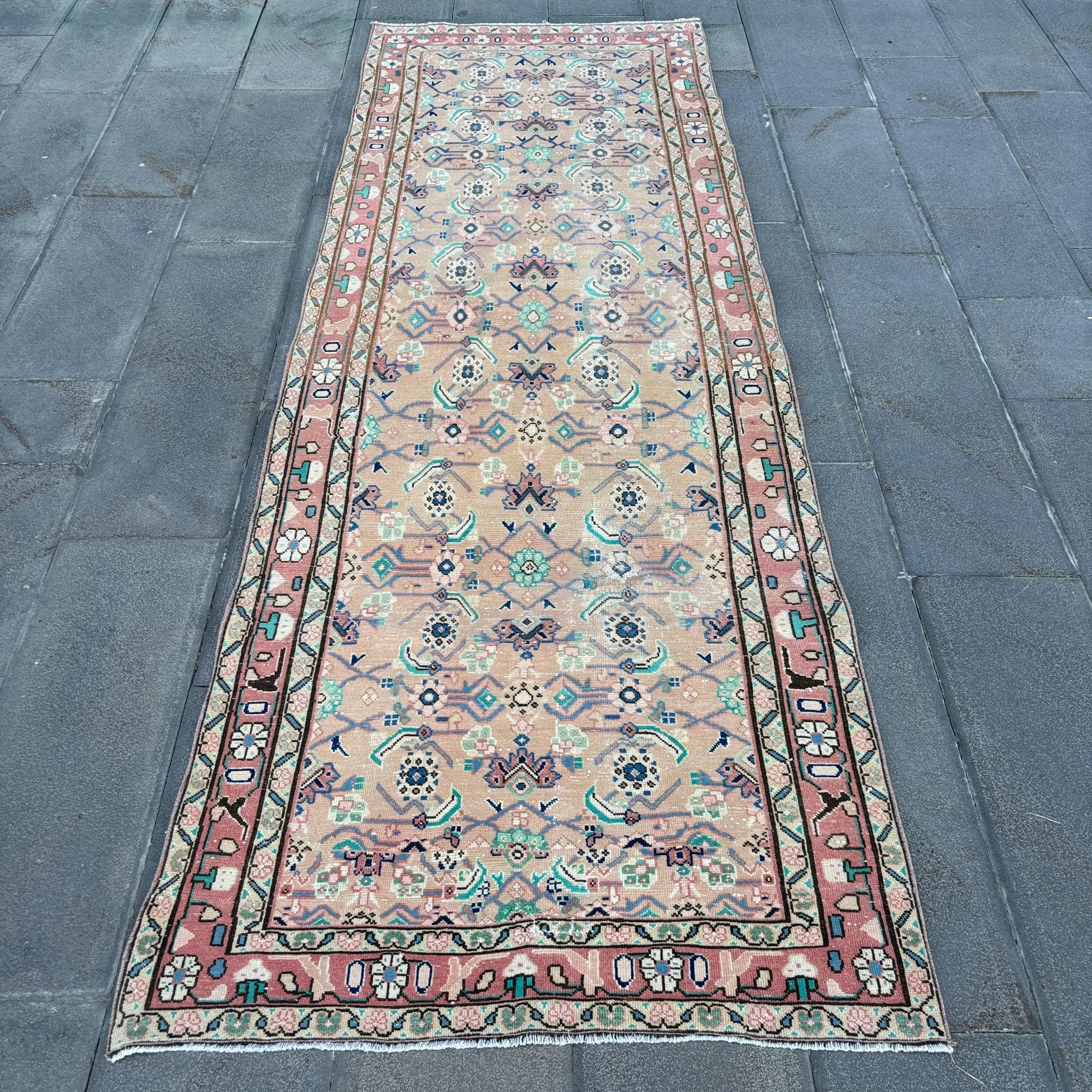 3.37x9.9 ft Turkish Rug, Red Animal Print Vintage Wool Rug - 1