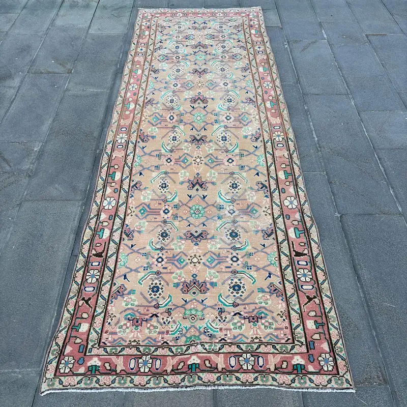 Pink, Green Animal Print Rug, 3,4x9,9 ft