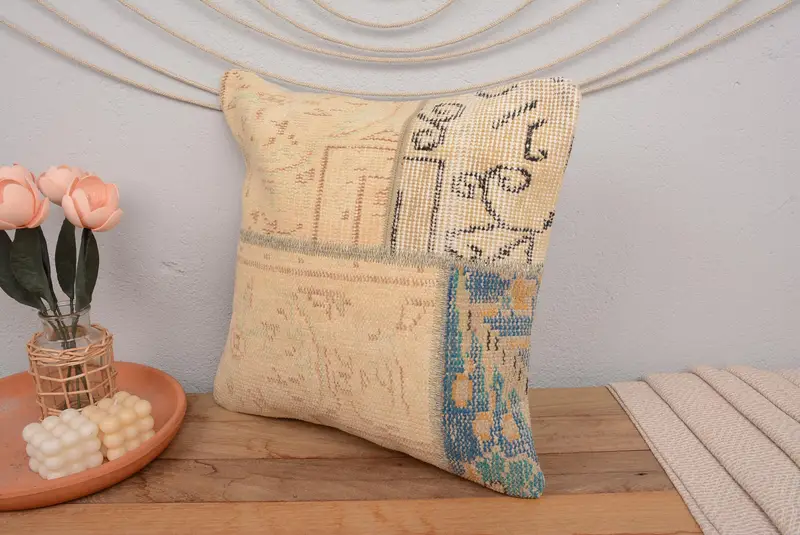 Vintage Pillow, Handmade Throw Pillow, Gift Pillow, Personalized Gift Pillow Cushion Case, 18x18 Beige Pillow Case, Cushion, Kilim Pillow - 4