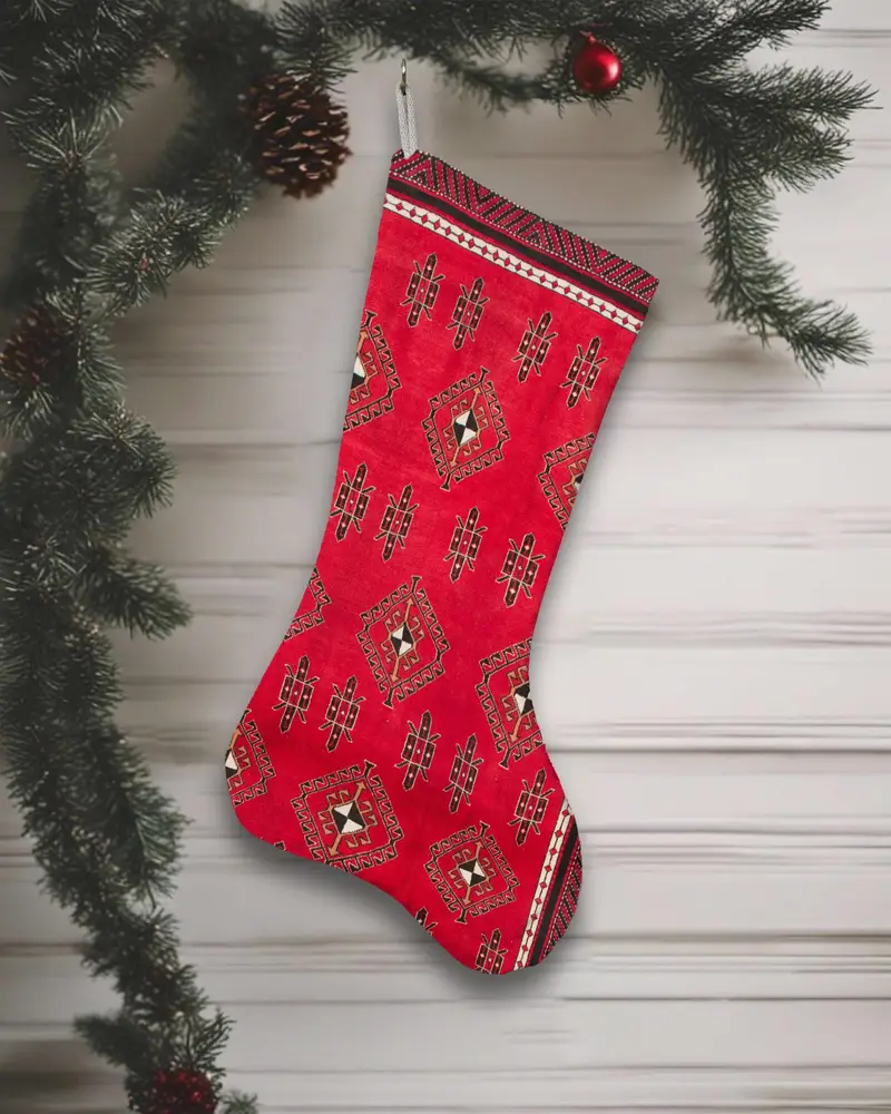 Calcetín navideño rojo con adornos de bronce, decoración festiva de 12 pulgadas