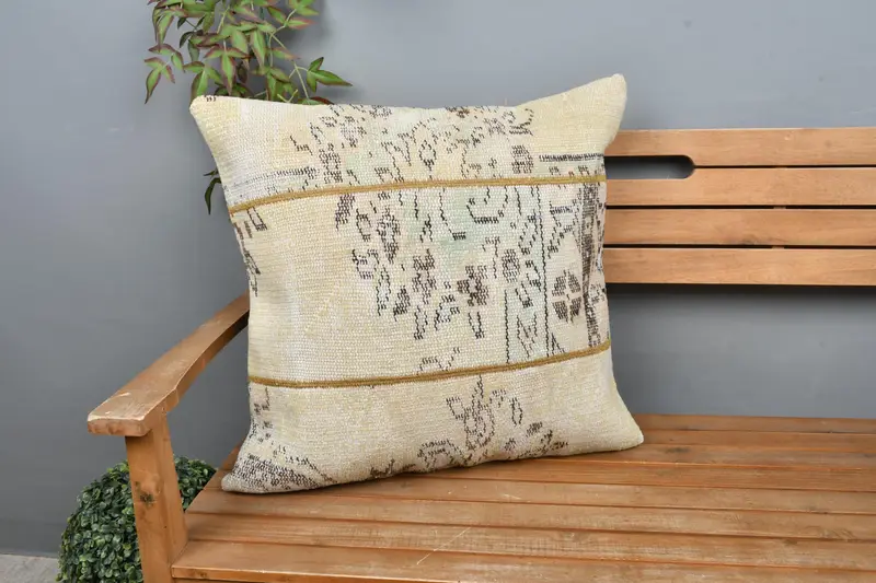 Almohada de tiro bordada floral verde y marrón, cojín vintage hecho a mano