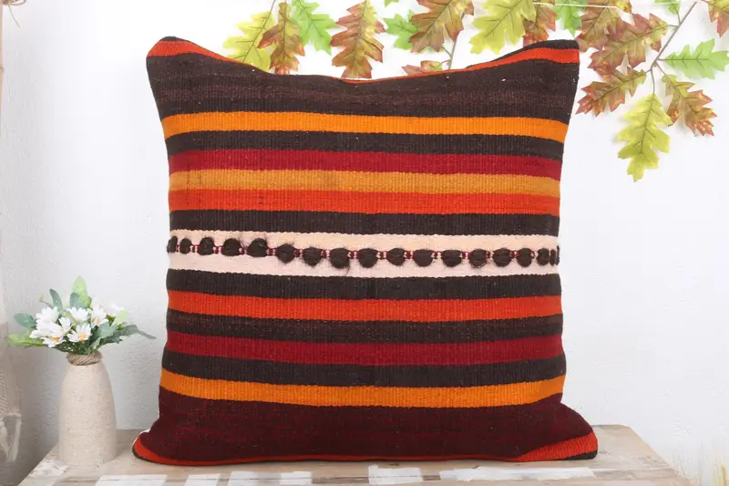 Ethnical Kilim Rug Pillow, Pillow, Pillow for Couch, 24x24 Orange Cushion, Nautical Throw Pillow Sham, Throw Kilim Pillow - 2